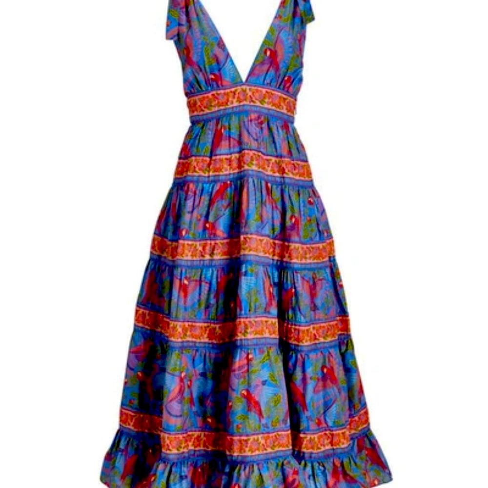 FARM Rio NWOT Blue Macaw V Neck Flight Midi Dress S